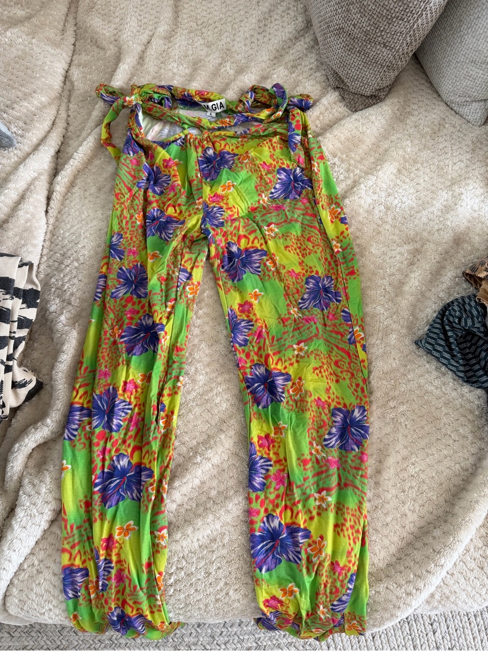 I.AM.GIA Lime Green Floral Straight Leg Pants with Purple Flowers